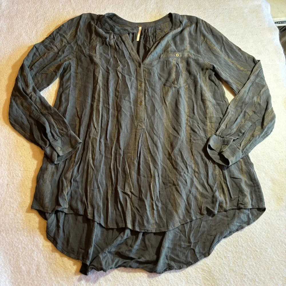 Free People Shibori Magic Gray Striped Tunic Shirt Top Women's Small Long Sleeve